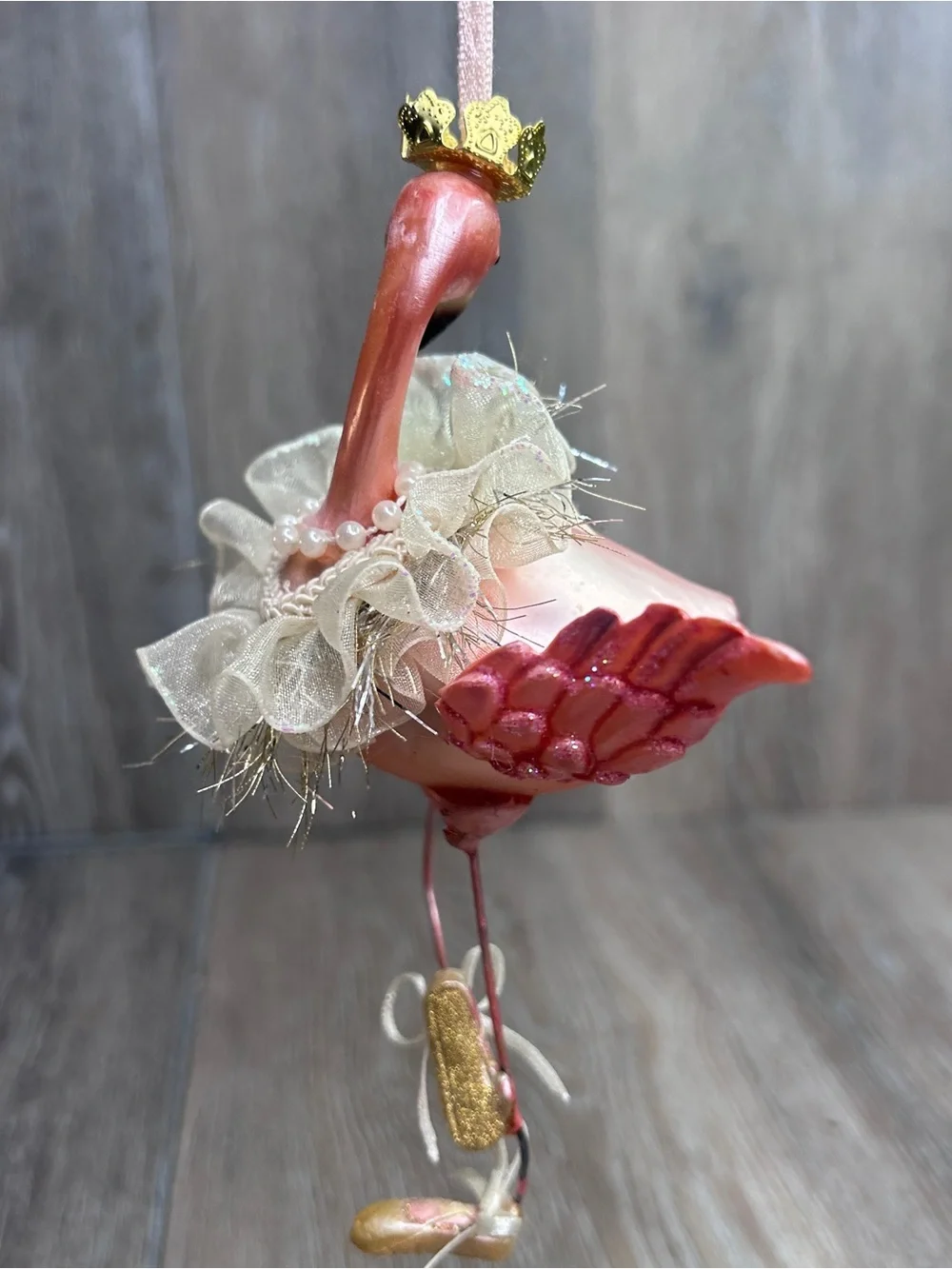Vintage Pink Flamingo Ballerina Ornament with Cream Tulle Collar and Gold Crown